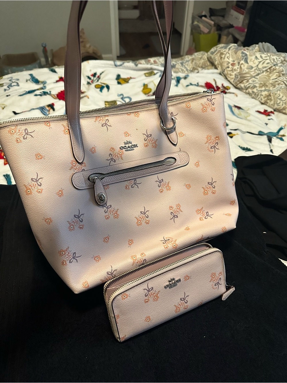 Coach Light Pink Floral Tote with Matching Wallet